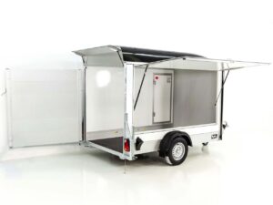 Debon Remolque cerrado C300 Sandwich 148x295cm H:190cm 1,3t, Alu, Polybug, Puerta, Trampilla, negro-Nuevo