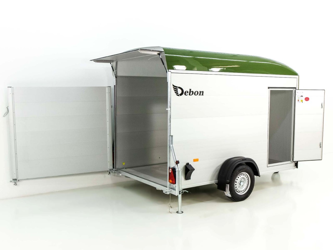 Debon Remolque cerrado C400 164x315cm H:200cm 1,3t, Alu, Polybug, Puerta, verde oliva-Nuevo