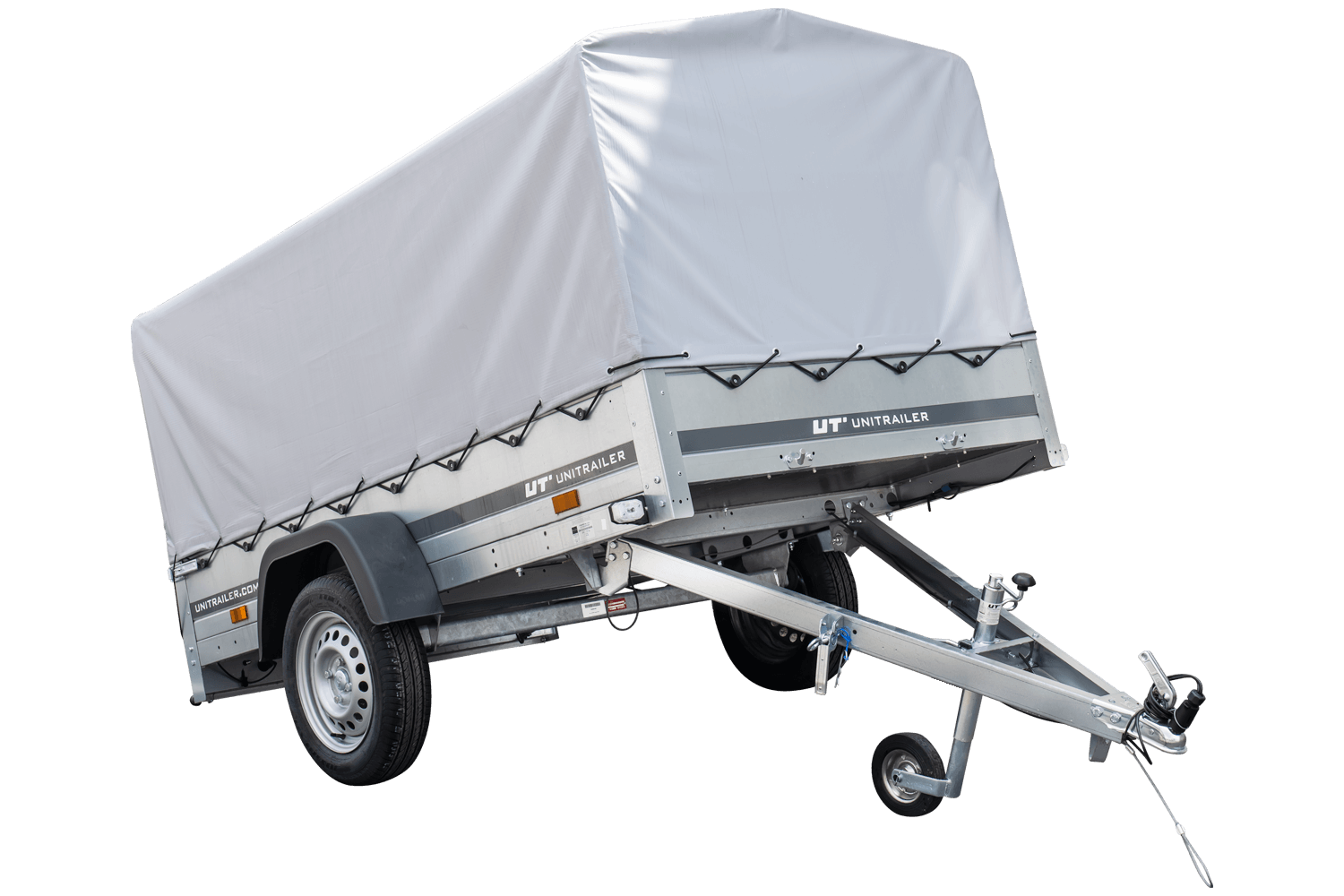 Remolque coche 230×125 Garden Trailer 230 KIPP Unitrailer 750 kg con Rueda jockey, lona alta y Arcos altos-Nuevo